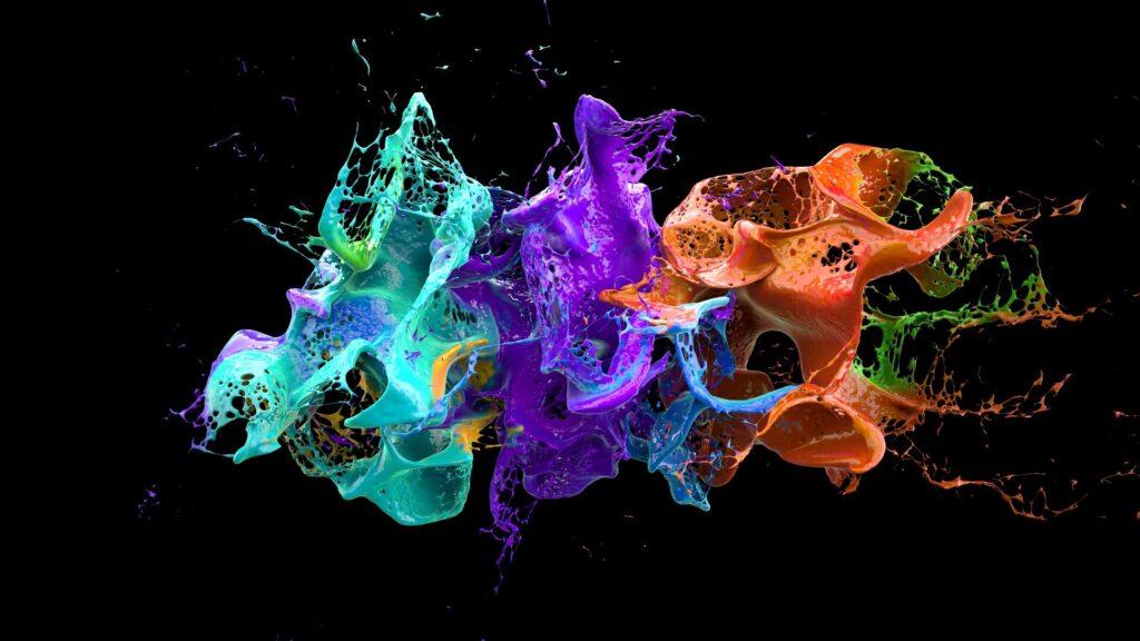 Flüssige Farb-Explosion auf schwarzer 3D-Illustration