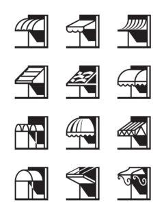 Vektorillustration vieler verschiedener Markisen und Vordächer an Gebäuden