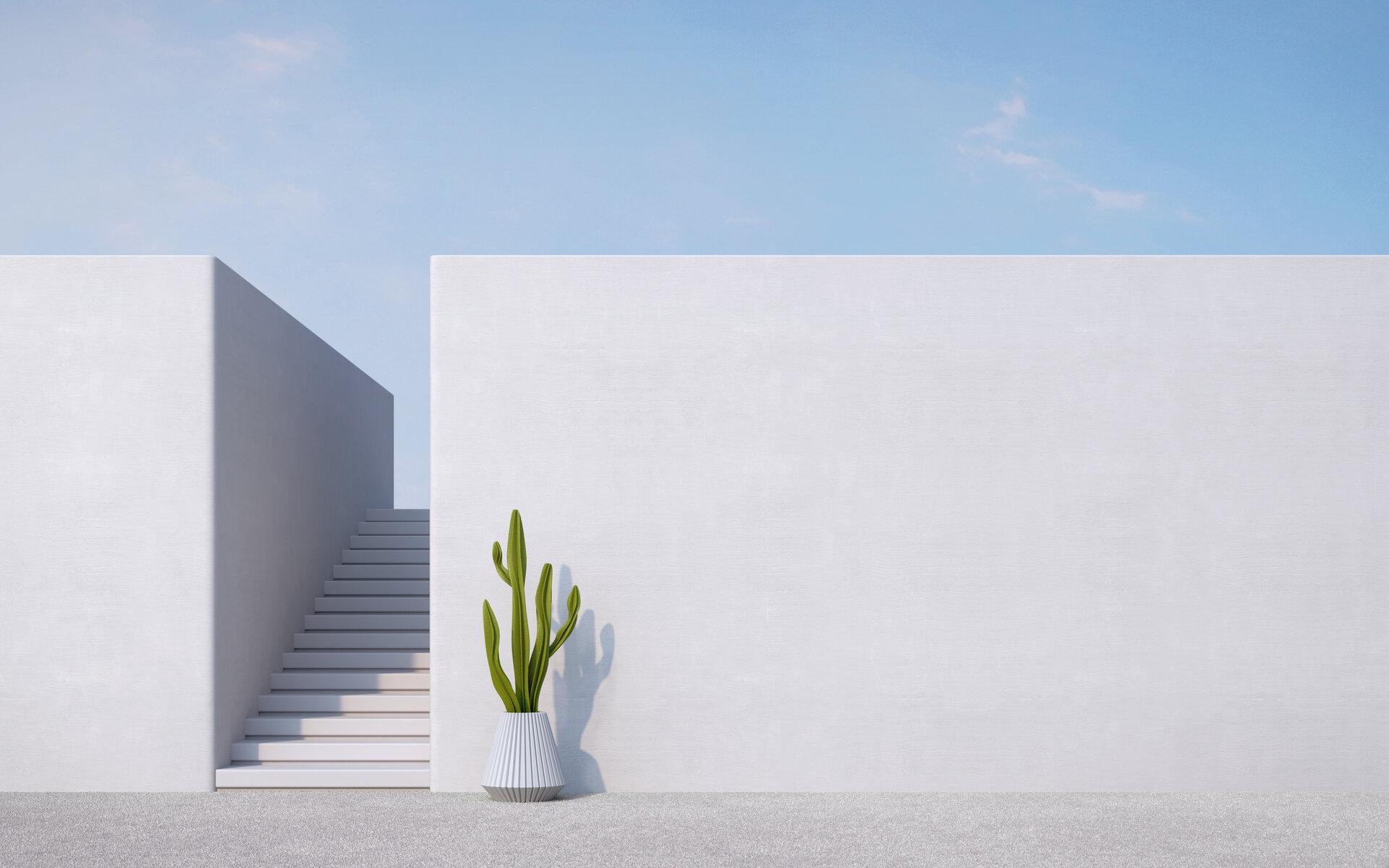 Betonwand mit Treppe, Kaktus und blauem Himmel, Architektur im minimalen Stil.
