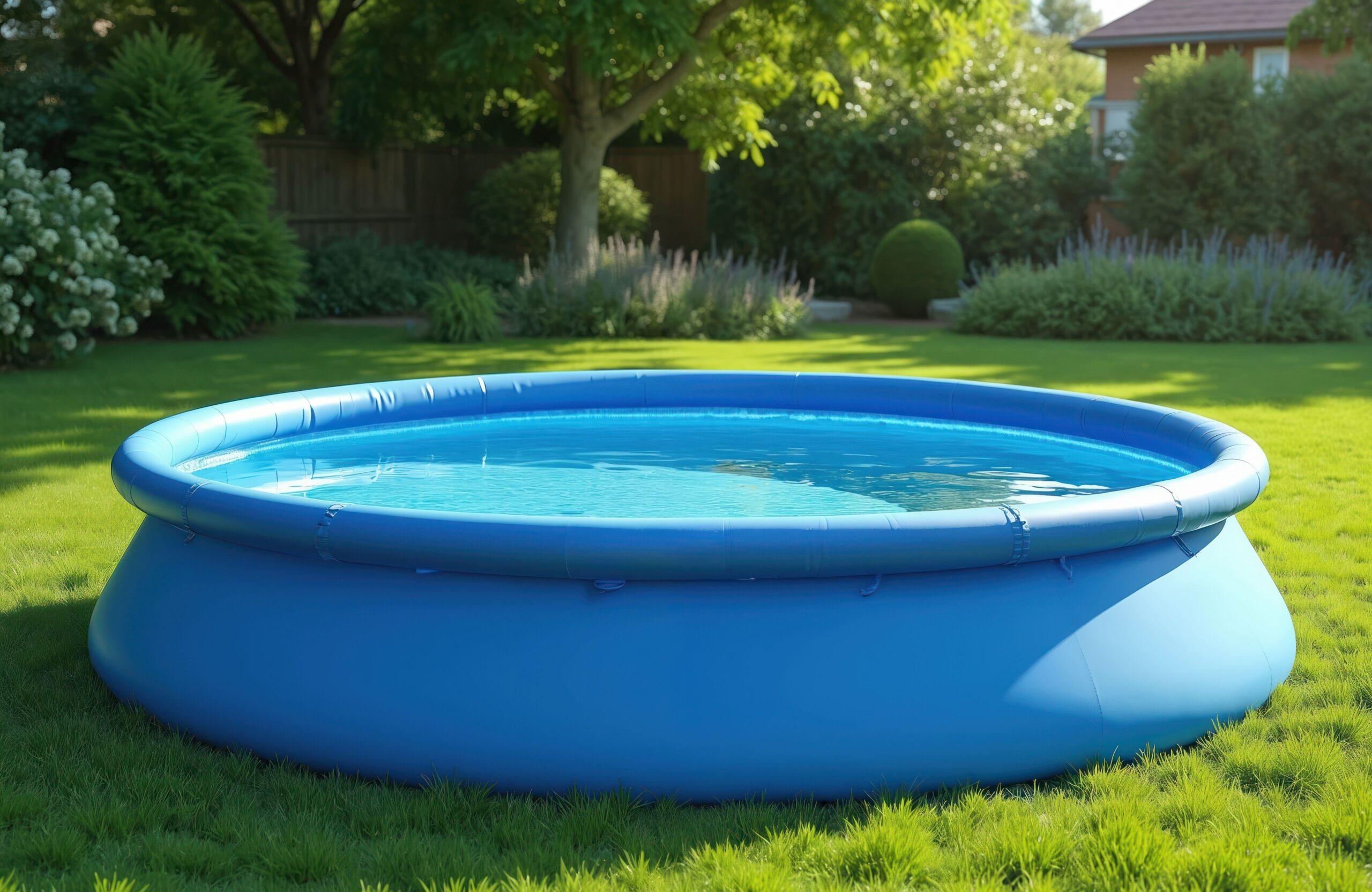Der blaue tragbare Swimmingpool steht auf dem Rasen eines Landgartens.