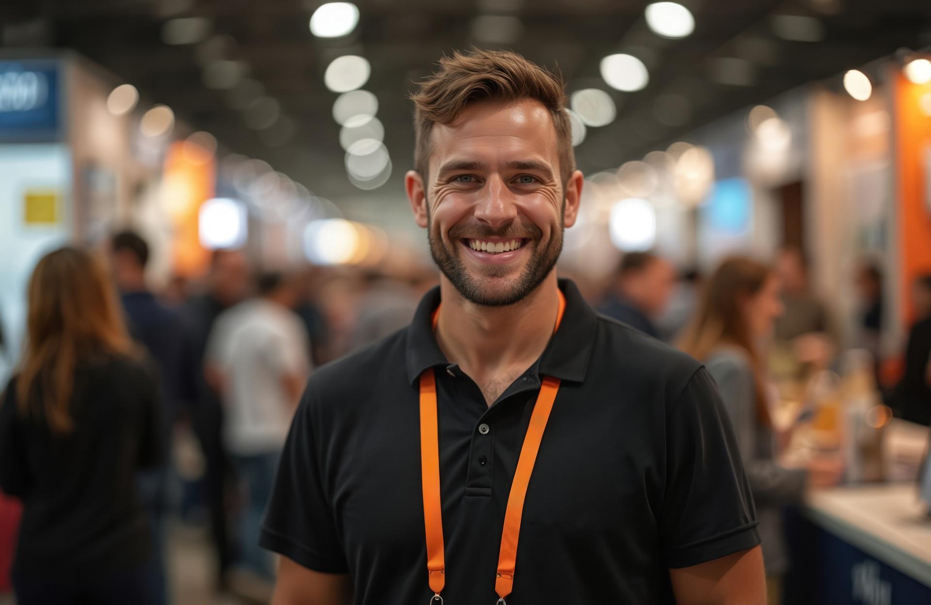 Lächelnder Mann mit Ausweisband | Messestand